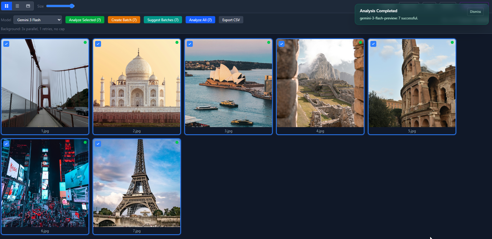 LandMarkd app screenshot 1 - LandMarkd analiza tus fotos con inteligencia artificial y descubre donde fueron tomadas. Detecta puntos de referencia, letreros, arquitectura y otras pistas visuales para identificar la ciudad, el pais y la ubicacion exacta. Luego escribe las coordenadas GPS en tus archivos y los renombra automaticamente. Usa tu propia clave API, sin cuentas, sin registros.