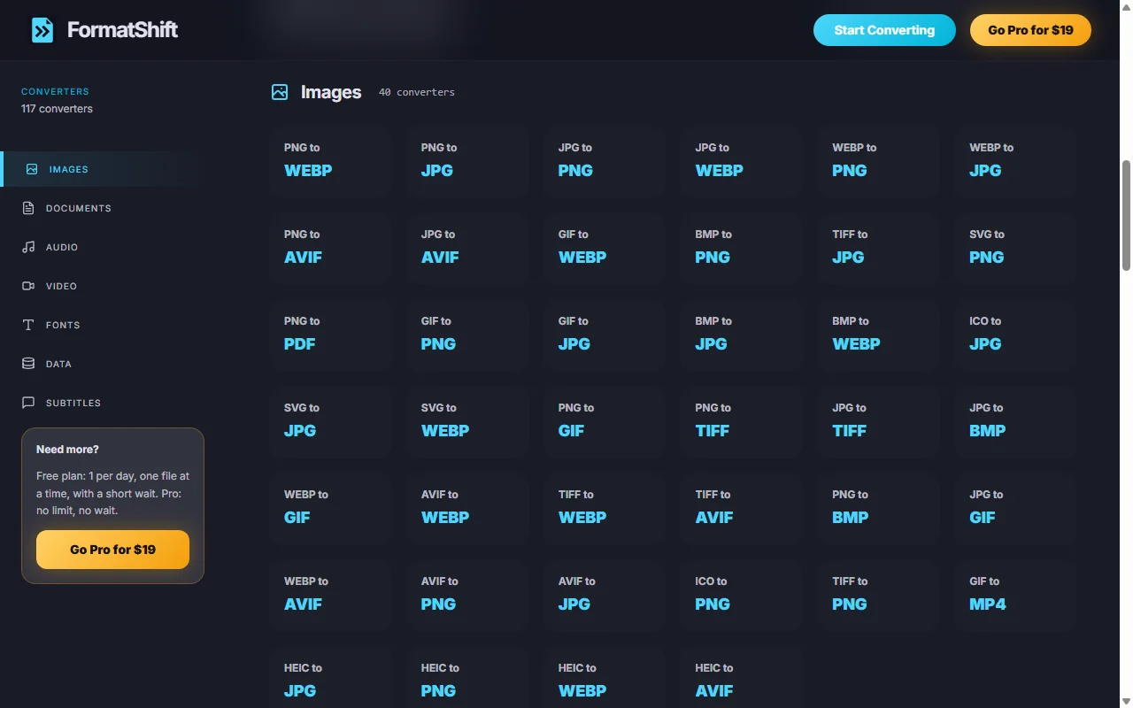 FormatShift app screenshot 2 - FormatShift convierte imágenes, documentos, audio, vídeo, fuentes, archivos de datos y subtítulos directamente en tu navegador, sin subir nada. Pruébalo gratis con una conversión al día o quita el límite con una clave Pro de pago único de 19 $.